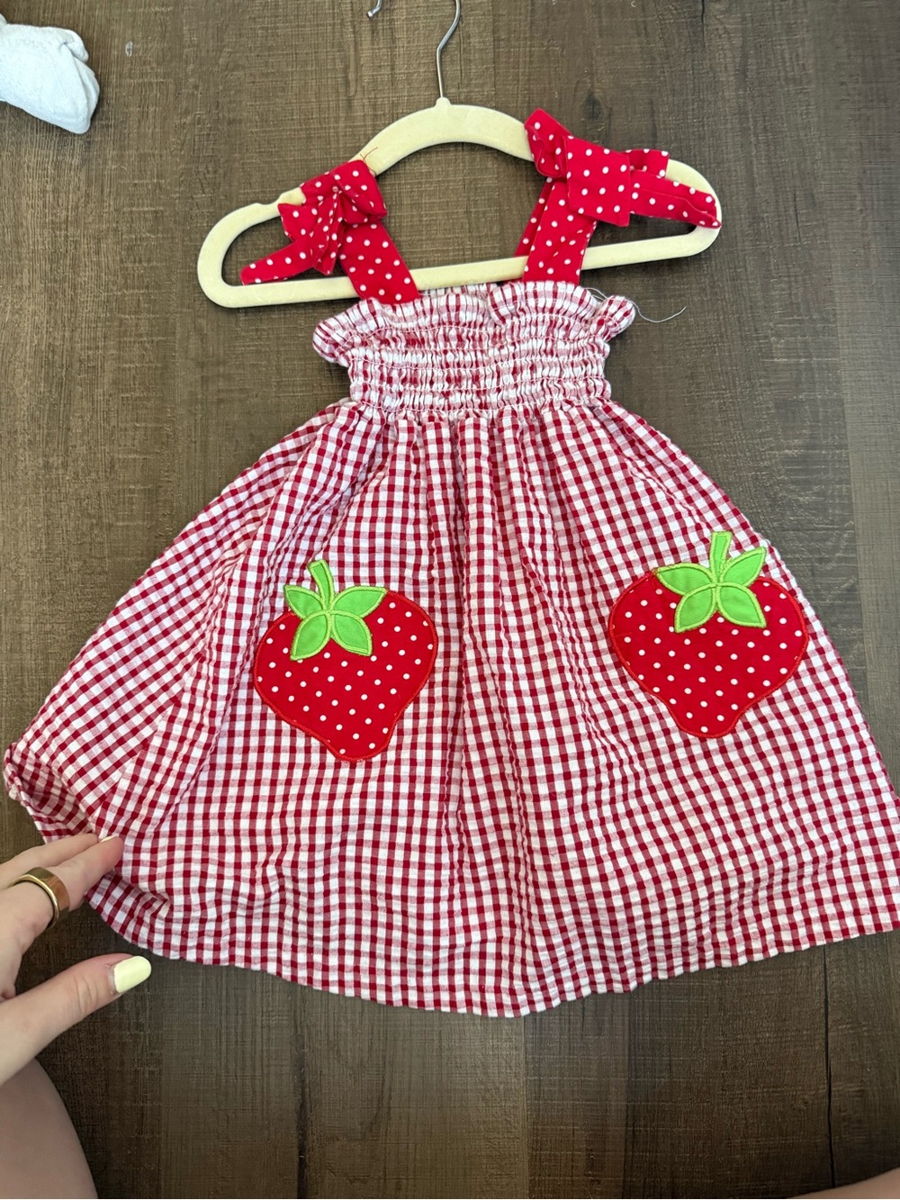 Red Gingham Strawberry Tie-Shoulder Dress for Girls